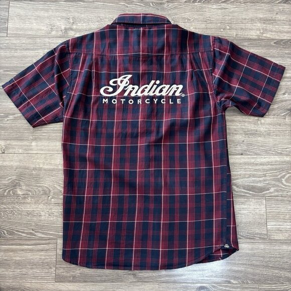 Indian Motorcycle Flannel Mens S Red/Blue Plaid Short Sleeve Button Down Bikers - Picture 15 of 16